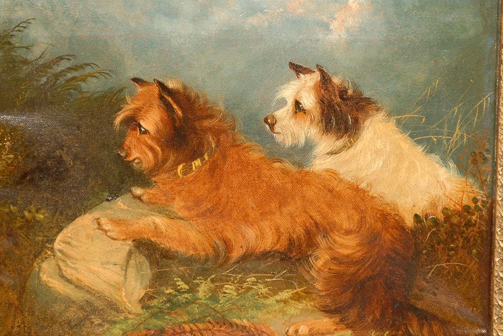 Small English 19th Century Framed Oil on Canvas Painting of Two Terriers Dogs 1