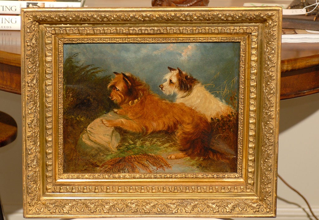 Small English 19th Century Framed Oil on Canvas Painting of Two Terriers Dogs 3