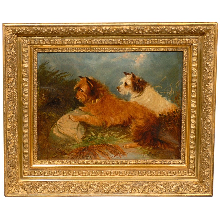 Small English 19th Century Framed Oil on Canvas Painting of Two Terriers Dogs