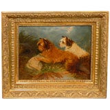 Small English 19th Century Framed Oil on Canvas Painting of Two Terriers Dogs