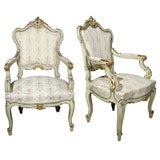 PAIR ANTIQUE  PAINTED AND GILDED OPEN  ITALIAN  ARM CHAIRS