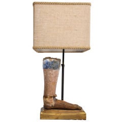 Antique 18th C. Polychromed Foot Lamp with Custom Burlap Shade