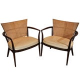 4 mahogany, leather and cane  lounge chairs by Bert England