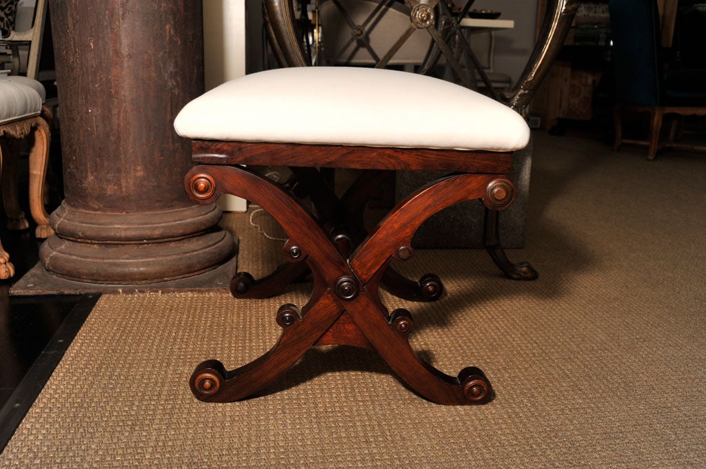 Carved mahogany Curule with white upholstery.