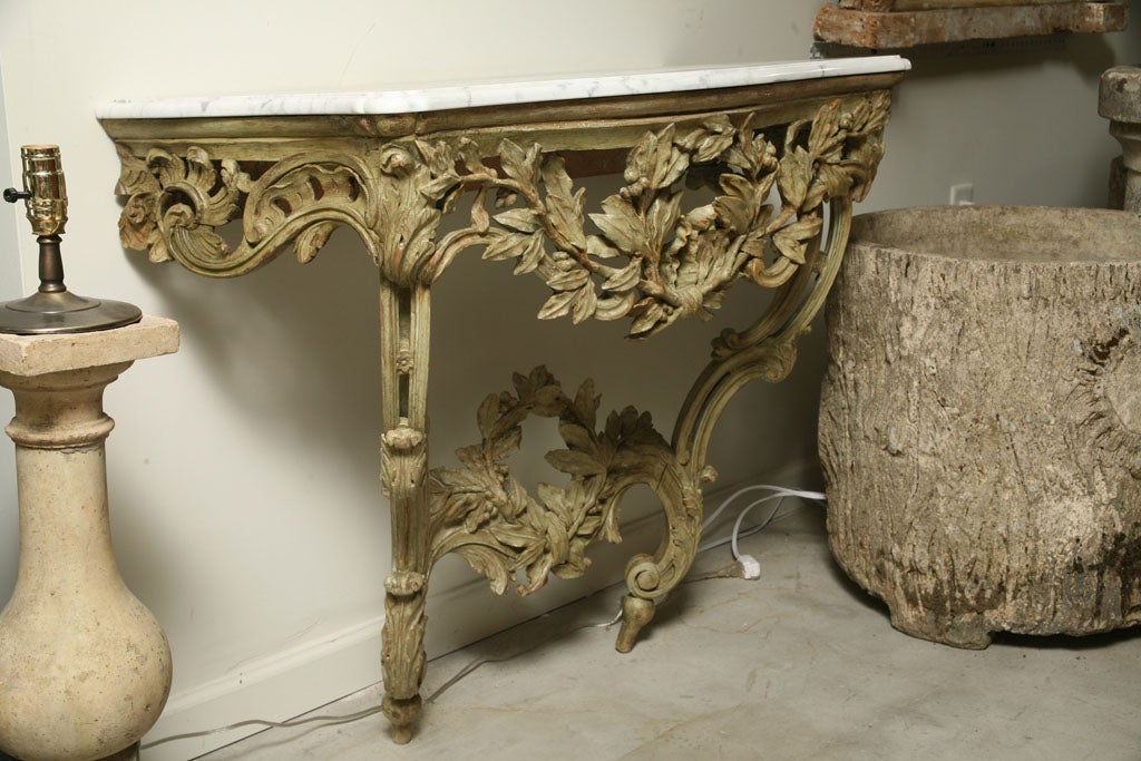 French Provincial Green Painted Carved Wood Louis XV Provencal Console For Sale