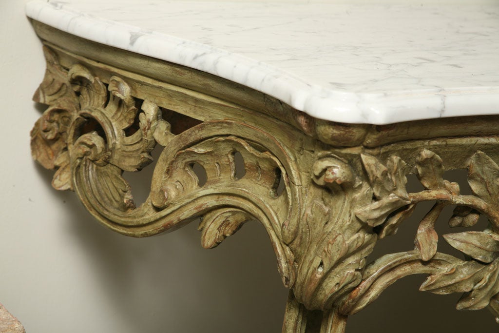 Marble Green Painted Carved Wood Louis XV Provencal Console For Sale