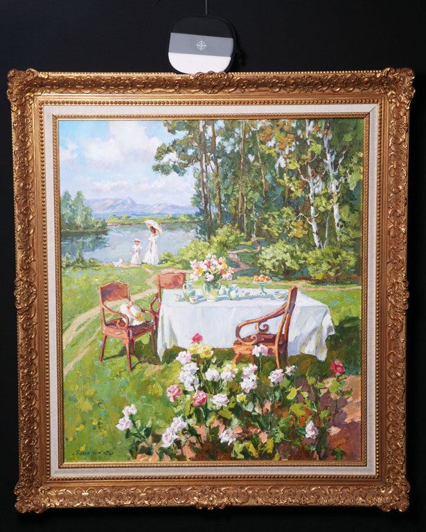 Russian An Oil Painting on Canvas of a PIcnic For Sale