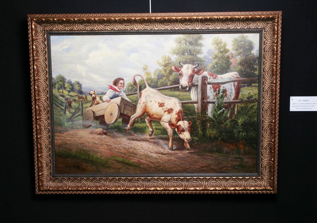 An Oil Painting of a Farmyard Scene with Cows, a Boy and a Dog