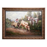 An Oil Painting of a Farmyard Scene with Cows, a Boy and a Dog