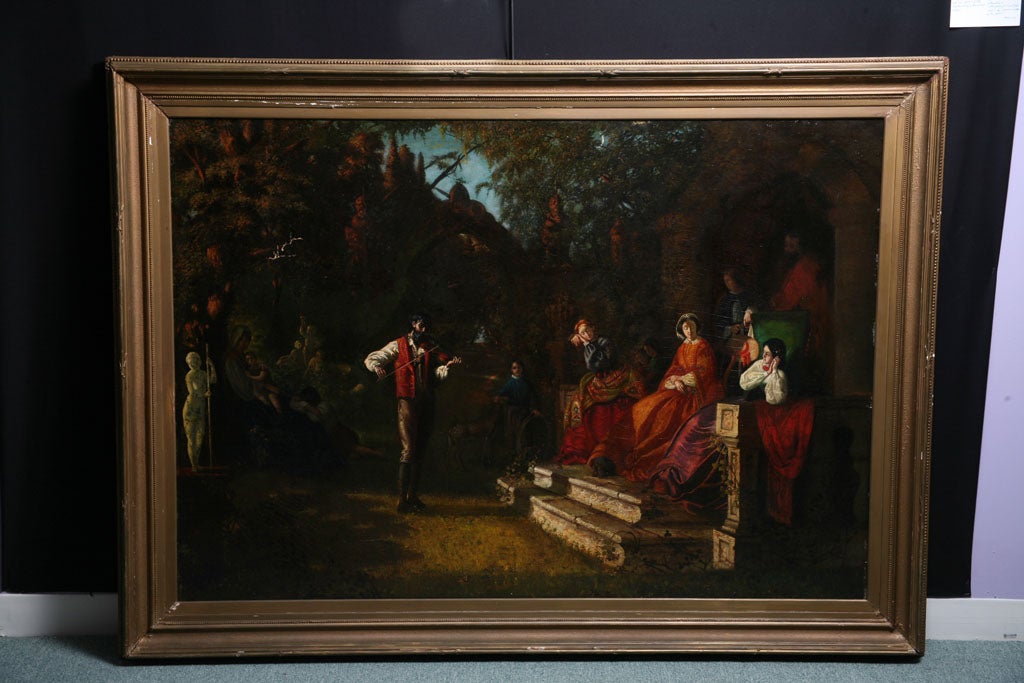 A Very Fine Quality 19th c. Continental ( possibly Spanish ) Oil Painting on Canvas, the painting depicts a violinist serenading a mother and daughters in a mystical woodland scene.