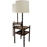 Used Custom Pair Olive Brown Lacquered Faux Bamboo Floor Lamp Tables