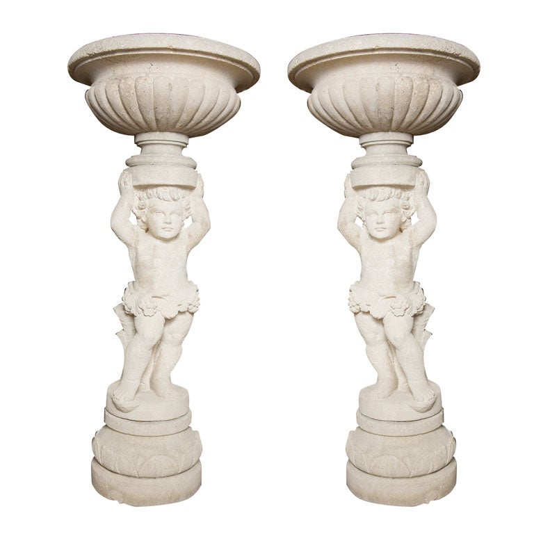 PAIR STONE CHERUB PLANTERS