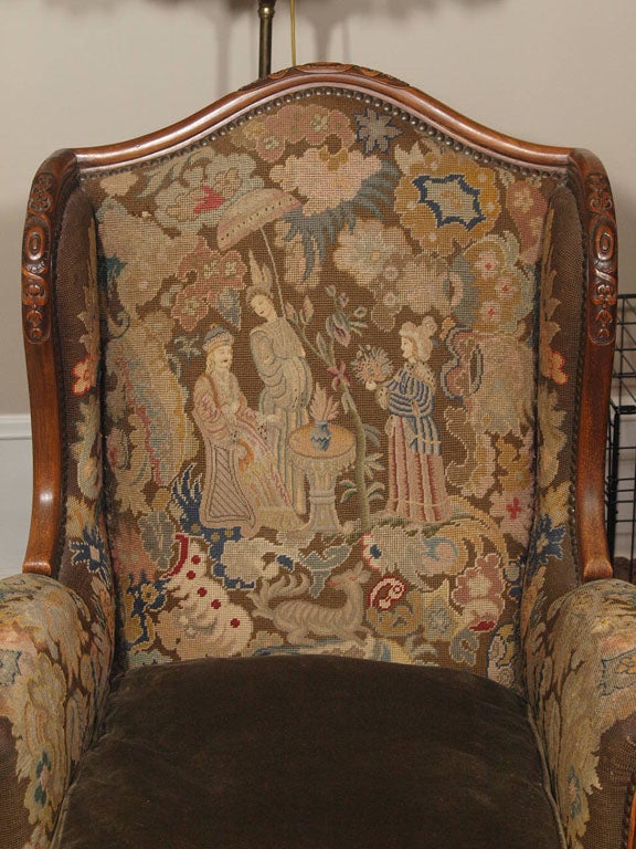 French FRENCH WALNUT WINGCHAIR WITH NEEDLEPOINT UPHOLSTERY