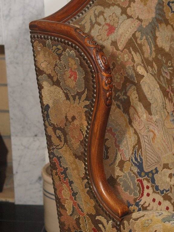Wood FRENCH WALNUT WINGCHAIR WITH NEEDLEPOINT UPHOLSTERY