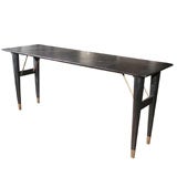 1940s Black Painted Walnut Console with Brass Accents