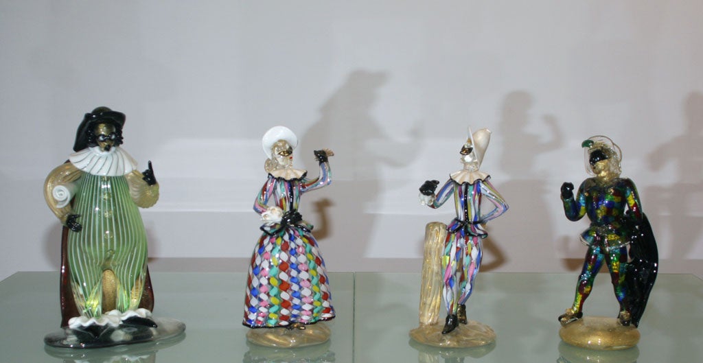 Exceedingly and Extremely Rare Set of 4 Hand-Blown/Crafted Murano Art Glass Tall Figurines/Statuettes, by Fulvio Bianconi, for Venini, c.1930-1948 (for the Venice Biennale, Biennale di Venzia). This unique and 1-of-a-Kind Set of 4 Individual Tall
