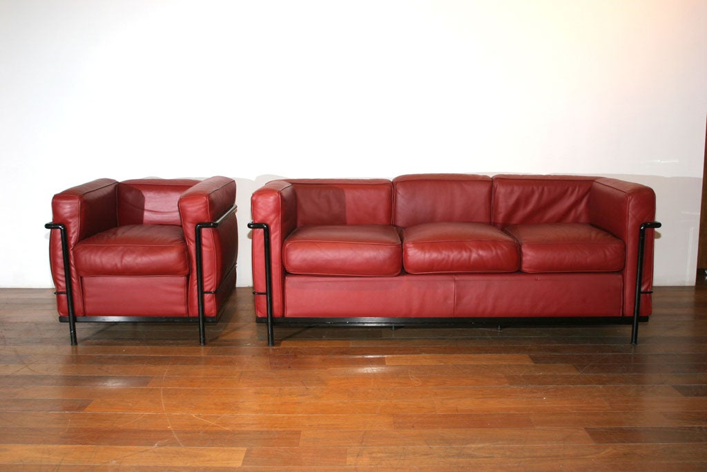 Italian Cassina, Le Corbusier LC2 Sofa & Chair in Red Leather, c.70's