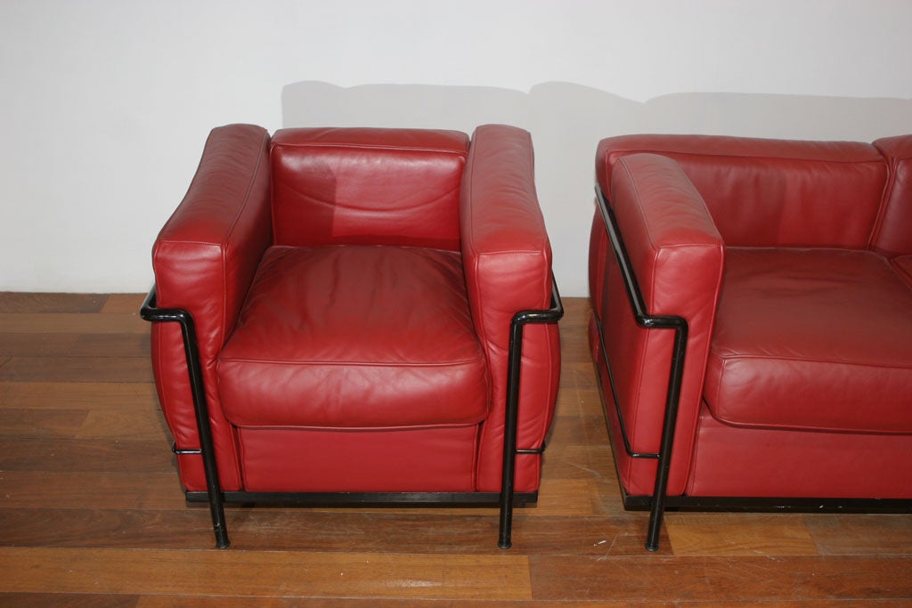 Cassina, Le Corbusier LC2 Sofa & Chair in Red Leather, c.70's 1