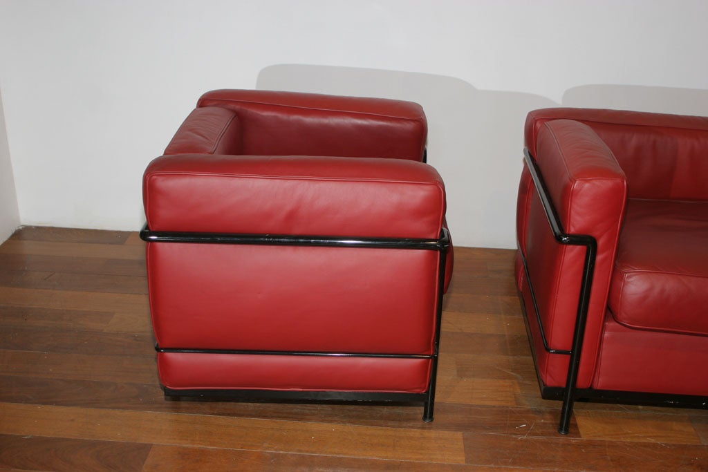 Cassina, Le Corbusier LC2 Sofa & Chair in Red Leather, c.70's 2