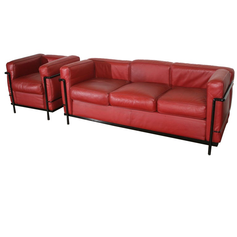 Cassina, Le Corbusier LC2 Sofa and Chair in Red Leather, c.70's at 1stDibs