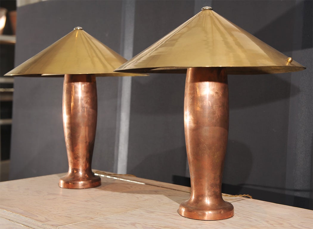 French Pair of Brass and Copper Table Lamps For Sale