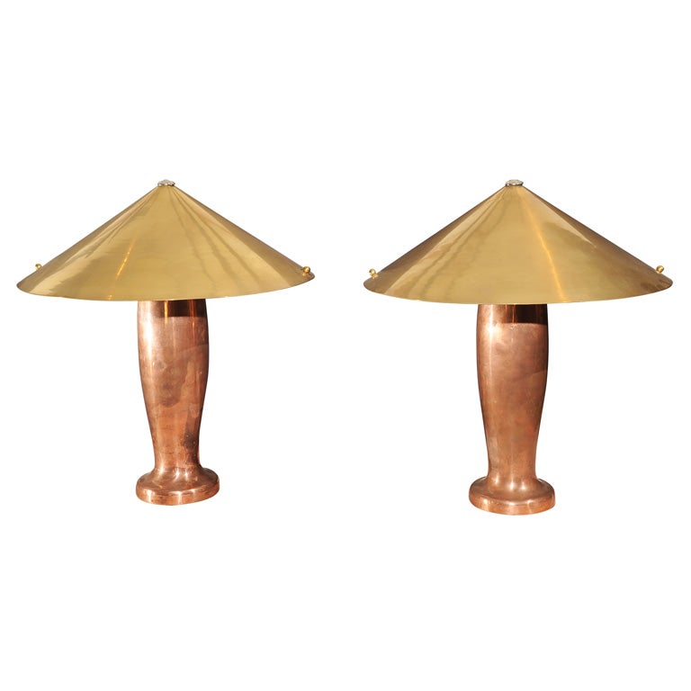 Pair of Brass and Copper Table Lamps For Sale