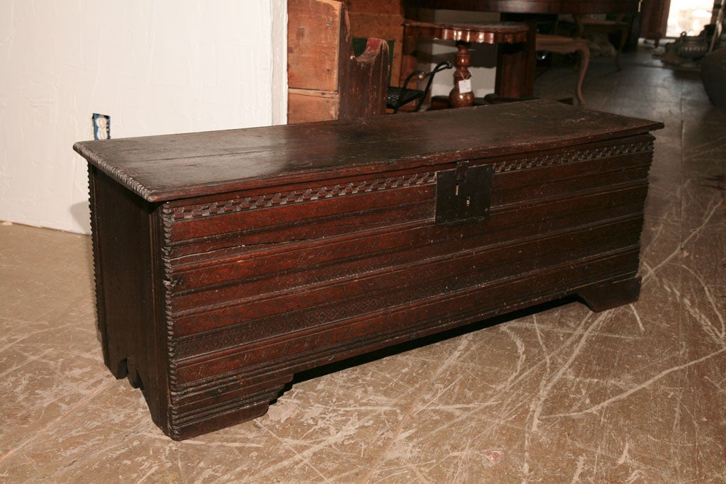 Very early William and Mary Trunk with beautiful hand carved details, wonderful patina on wood.<br />
<br />
Keywords:  coffer, chest, box, blanket chest, bench, coffee table.