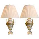 Pair 19th white marble urn lamps--bronze dore surrounds
