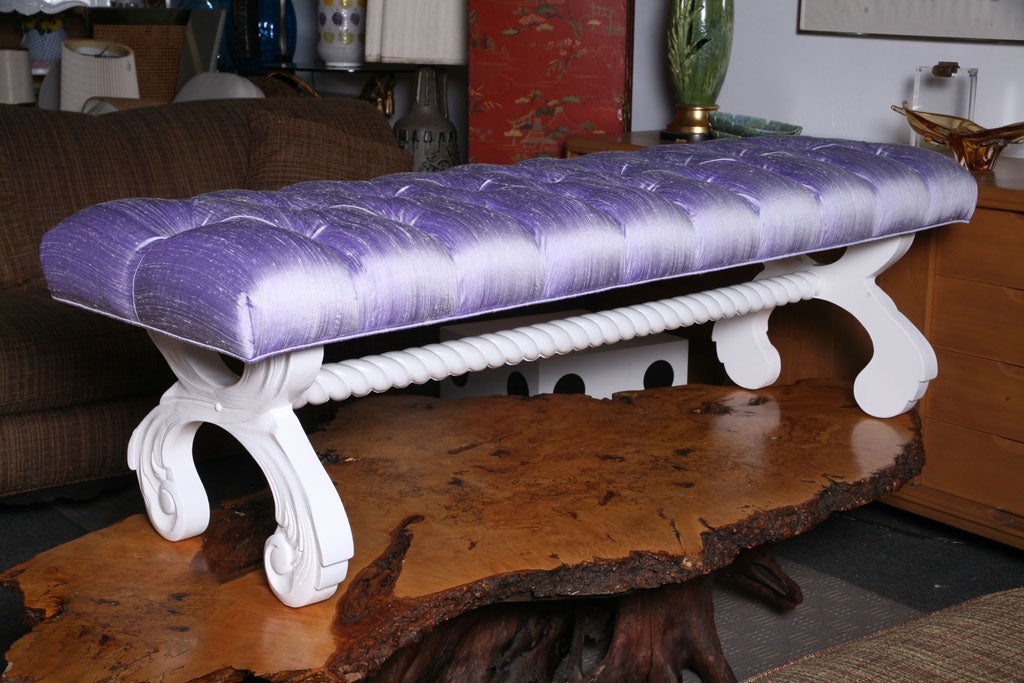 Very elegant tufted...  hollywood regency bench cover in lavender raw silk...