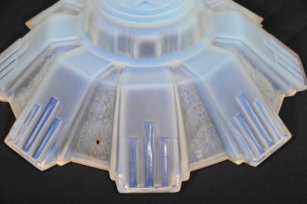 Art Deco ceiling fixture from circa 1930s, in molded opalescent Glass, marked "CSR France". Can be mounted either flushed to the ceiling or as a hanging pendant. Shade only, mount paid separately. Glass Dimensions: 5 1/2" high x 15