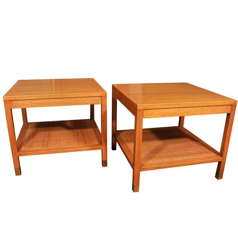 Pair of Harvey Probber blonde mahogany side tables with cane