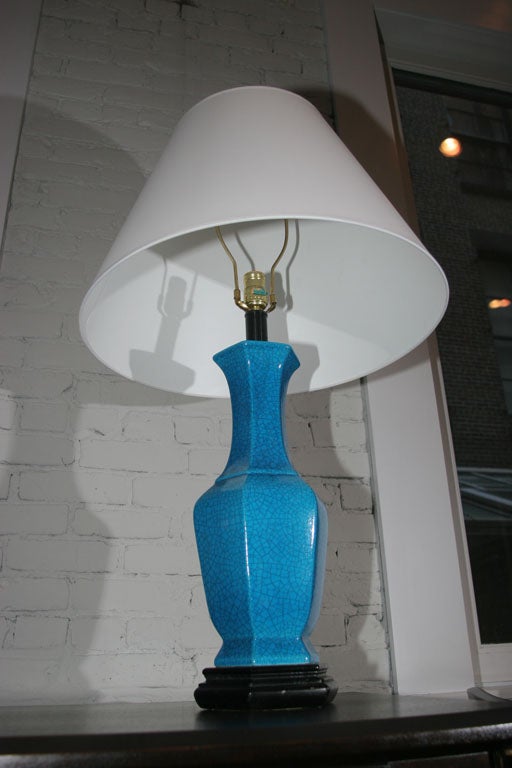 American Pair of Turquoise Craquelure Glazed Porcelain Table Lamps
