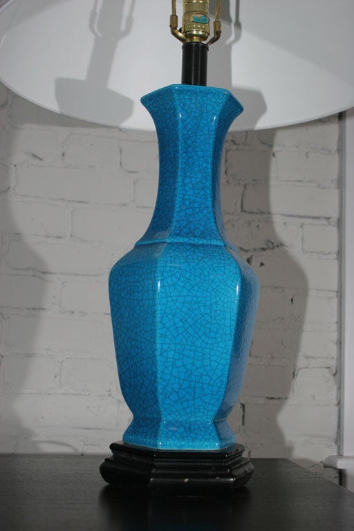 Pair of Turquoise Craquelure Glazed Porcelain Table Lamps In Excellent Condition In New York, NY