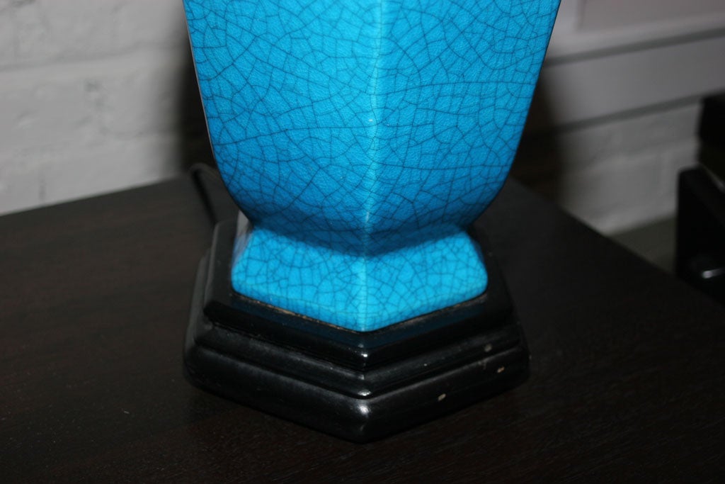 Pair of Turquoise Craquelure Glazed Porcelain Table Lamps 1