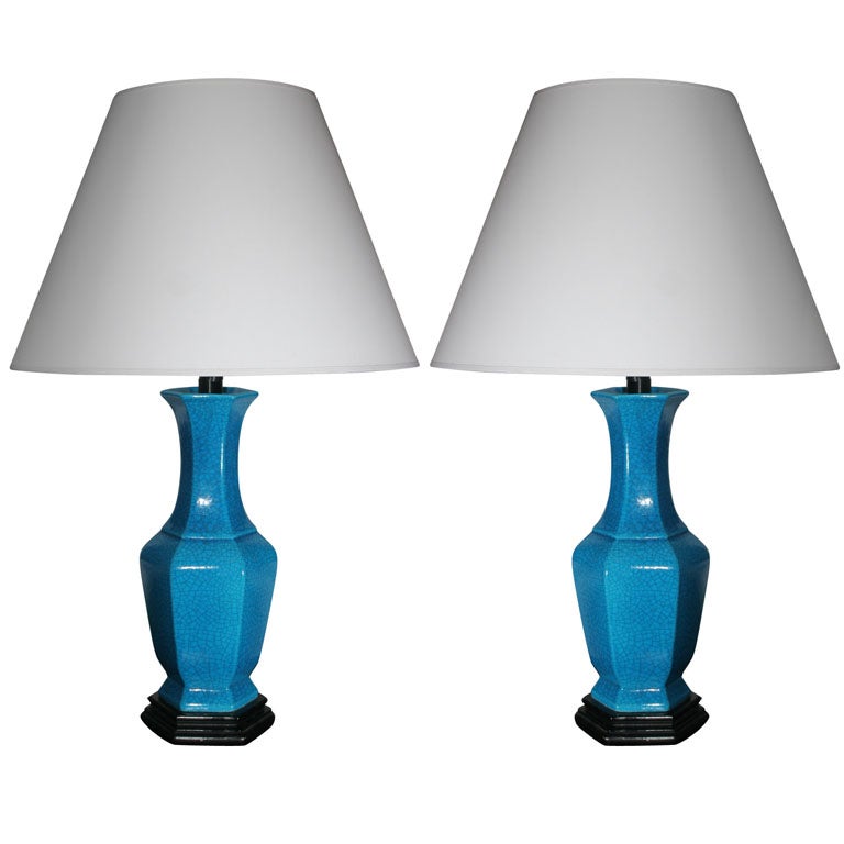 Pair of Turquoise Craquelure Glazed Porcelain Table Lamps