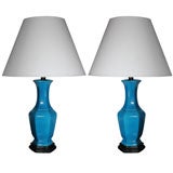 Pair of Turquoise Craquelure Glazed Porcelain Table Lamps