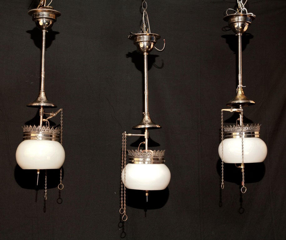 Set of Three Doud Lighting Gas Pendants with Original Nickel Fin