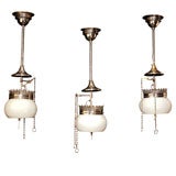 Antique Set of Three Doud Lighting Gas Pendants with Original Nickel Fin
