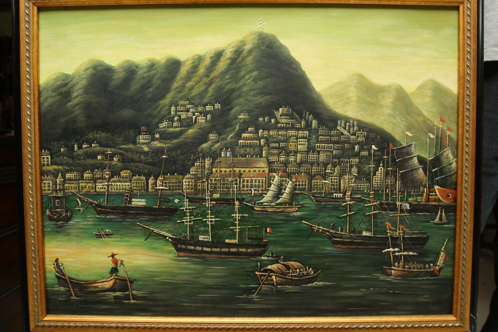 Chinese Oil   Painting  Hong  Kong  Harbor In  1840