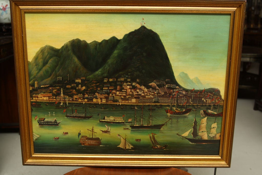 20th Century Oil   Painting  Hong  Kong  Harbor In  1840