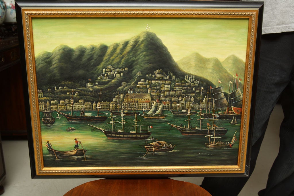 OIL PAINTING REPRODUCTIONS OF 2  SCENES OF HONG KONG HARBOR  IN 1840, THEY ARE OIL ON CANVAS , UNSIGNED. ORIGINALS OF THESE PAINTINGS ARE IN HONG KONG MUSEUM
