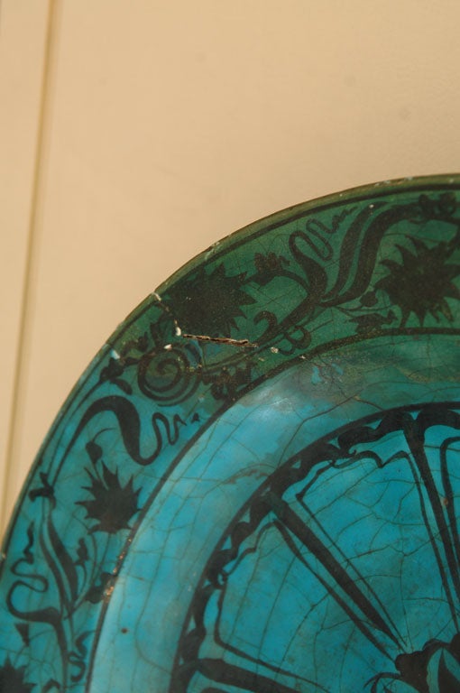 Pottery Persian Blue Glazed Plate with Black Underglaze