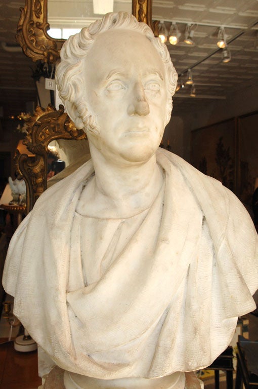Wonderful Carved-Marble Bust of a Gentleman,<br />
on Creme-Painted Columnar Pedestal