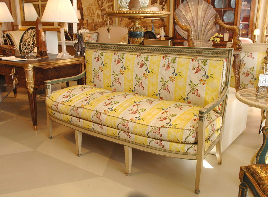 Wonderful French Directoire Canape,<br />
in creme and green paint,<br />
with original horsehair stuffing<br />
and striped floral upholstery