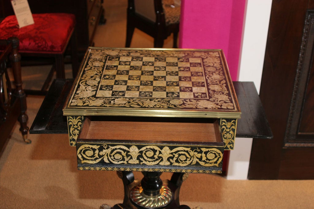 Beech Regency brass mounted penwork games table, English, c.1810