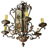 Verdigris and gilt wrought iron chandelier
