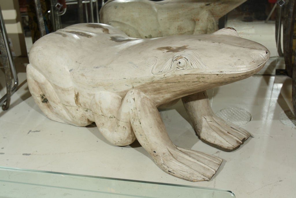 HAND CARVED  WOODEN  FROG. USED  AS A BENCH EITHER INDOOR OR OUTDOOR- WHITEWASHED-- FROM THE DAVID BARRETT COLLECTION