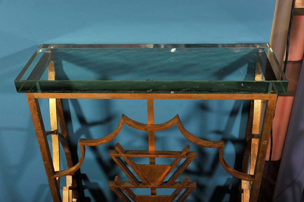 Bronze Console Table with Thick Glass Top, French 1920s.
