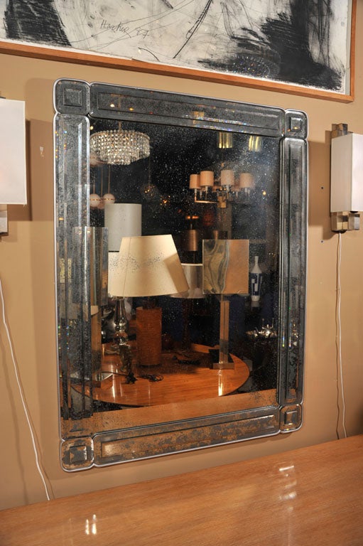 Rectangular mirror with beveled antiqued glass frame, French 1940s.
