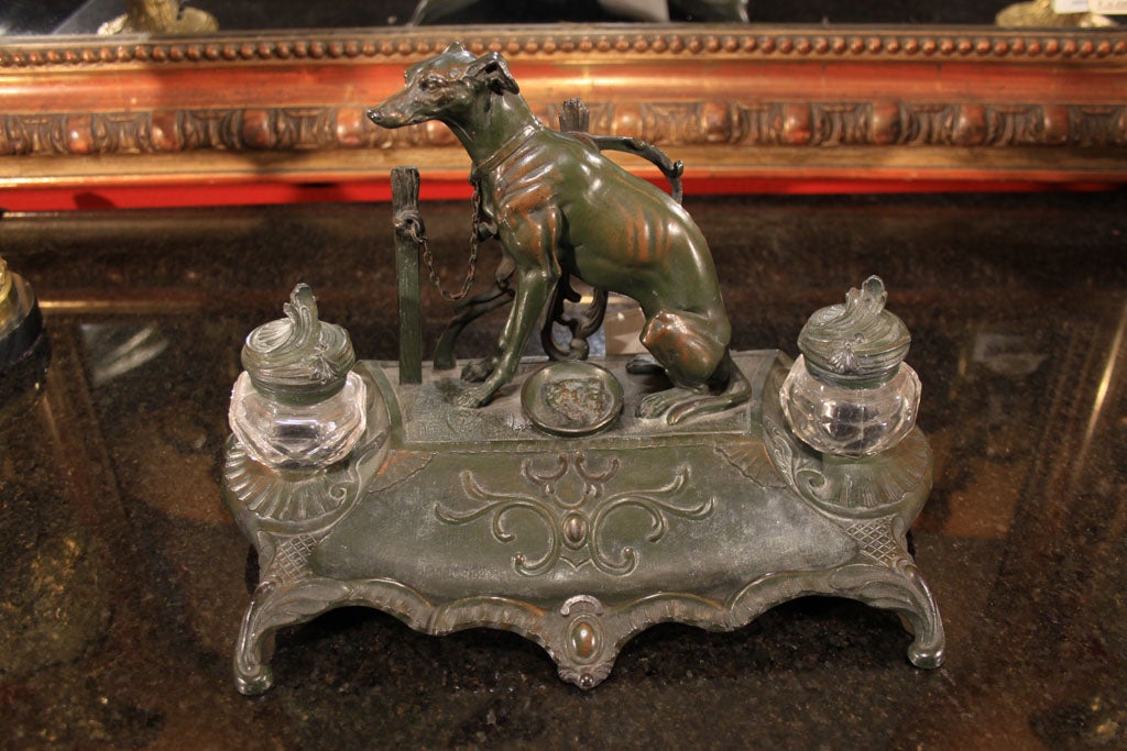 Victorian Bronze Greyhound Dog Ink Well